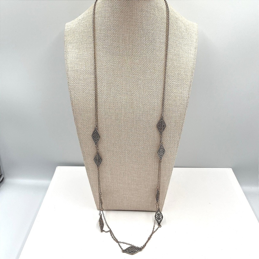 Vintage Long Bronze Tone Filigree Necklace Multi Station Round Link Chain Boho